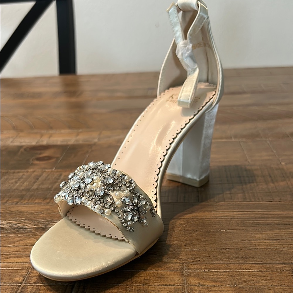 Cream Chunky Heel Sandals with Crystal Embellishments